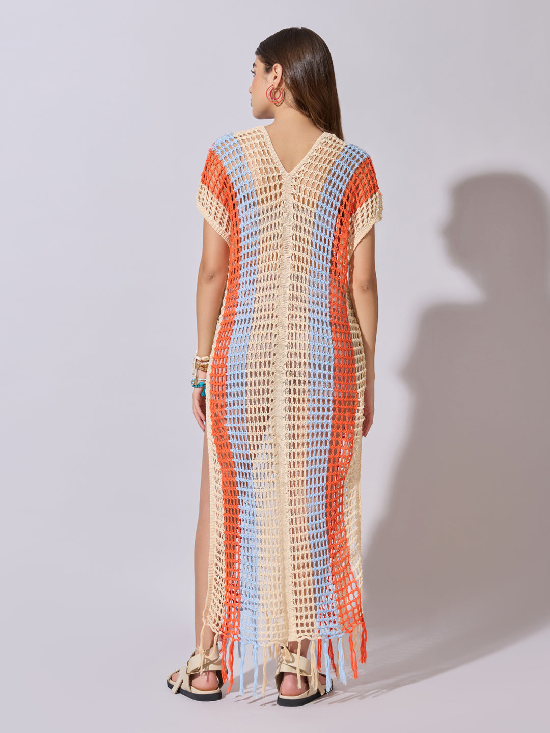 Women's Striped Cream Crochet Longline Top with Fringe Hem