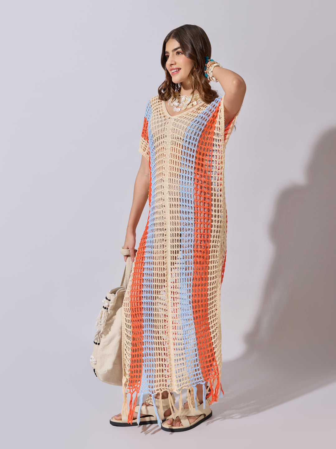 Women's Striped Cream Crochet Longline Top with Fringe Hem