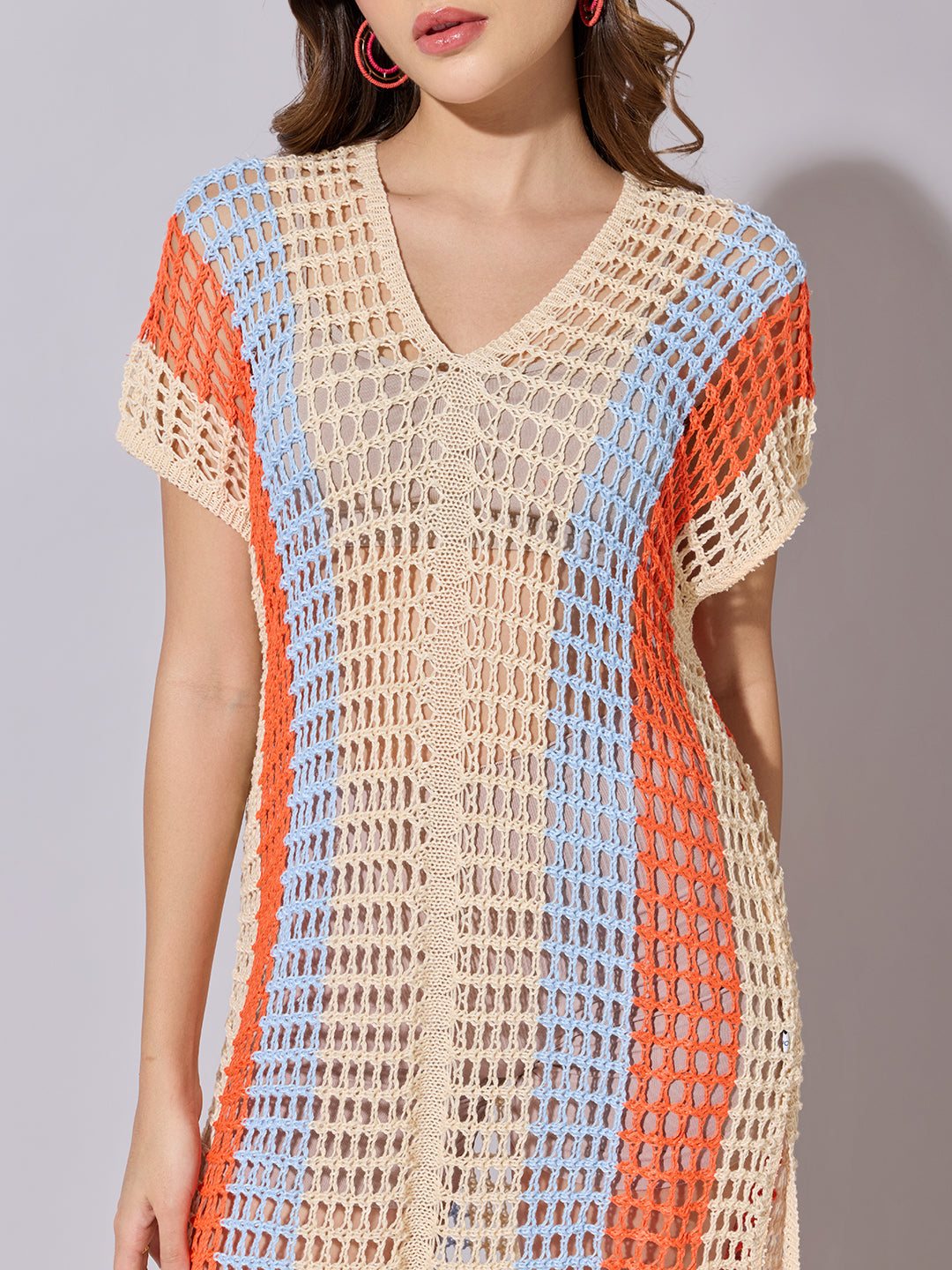 Women's Striped Cream Crochet Longline Top with Fringe Hem