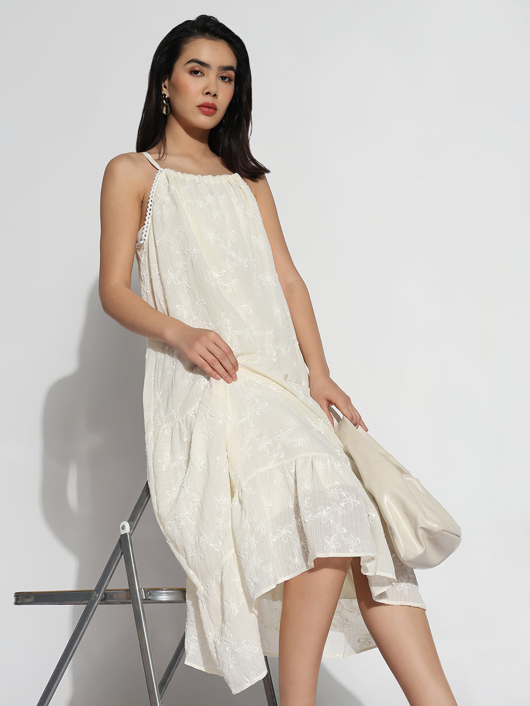 Women Cream Solid Shoulder Strapped A-Line Dress