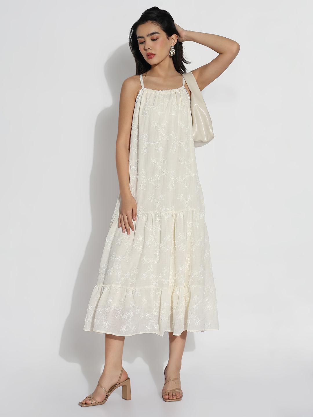 Women Cream Solid Shoulder Strapped A-Line Dress