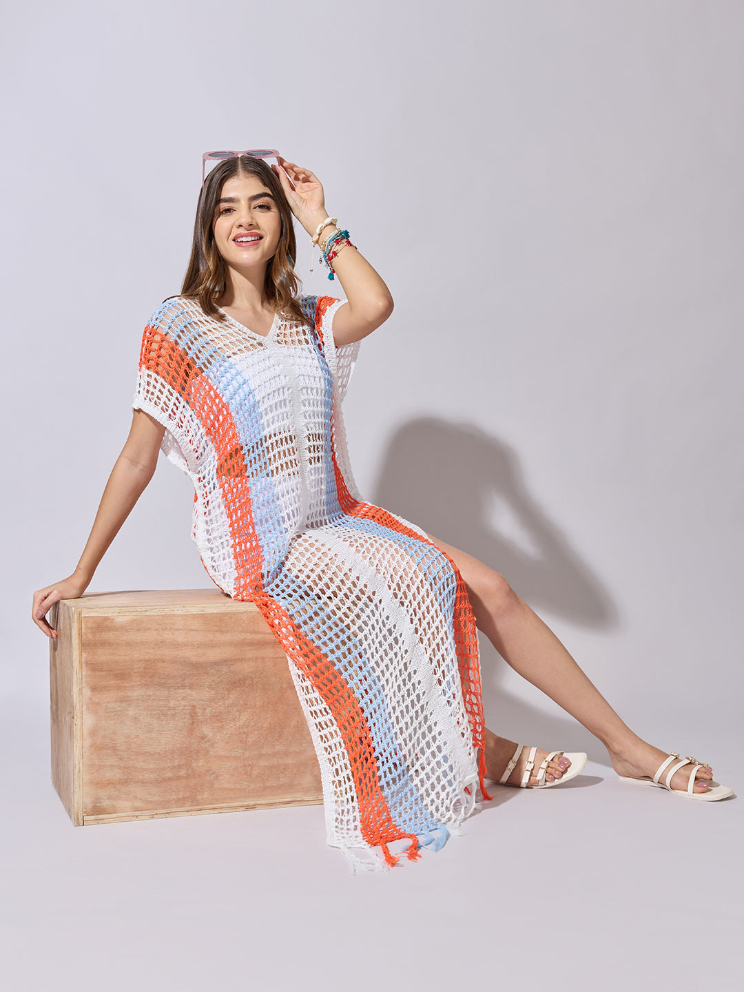 Women's Striped White Crochet Longline Top with Fringe Hem