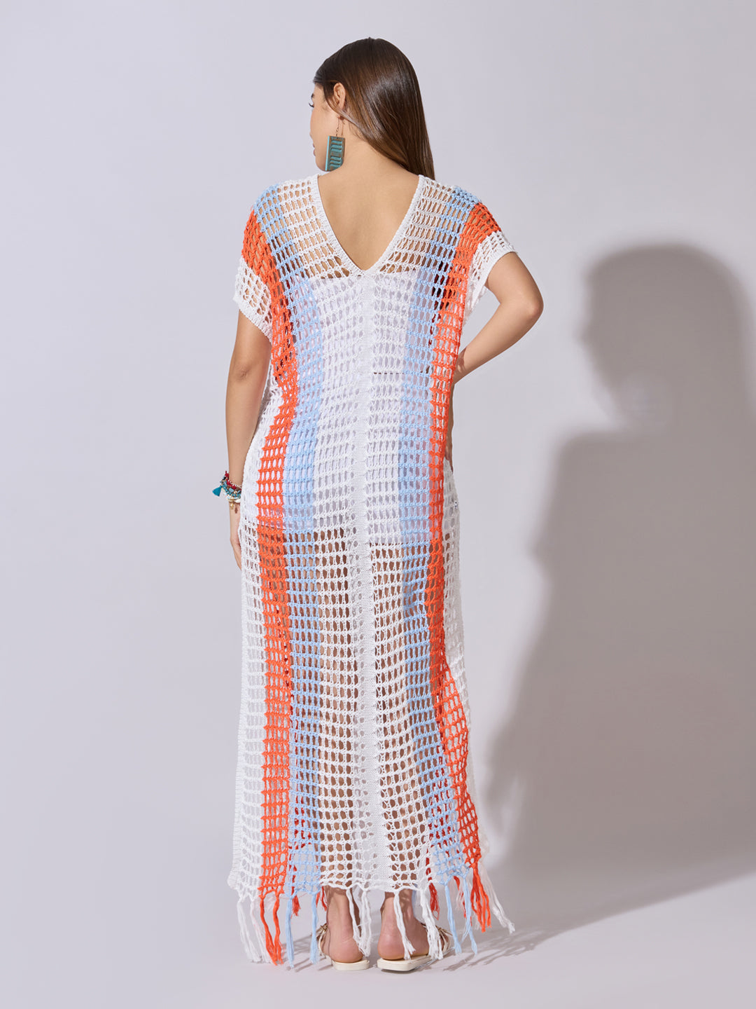 Women's Striped White Crochet Longline Top with Fringe Hem