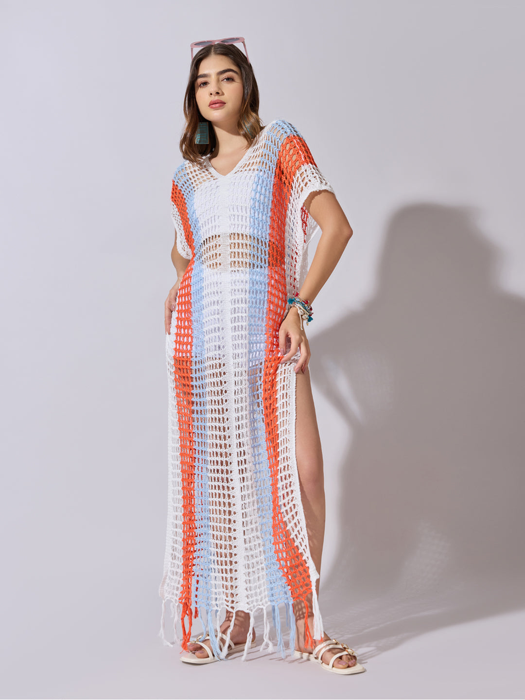 Women's Striped White Crochet Longline Top with Fringe Hem