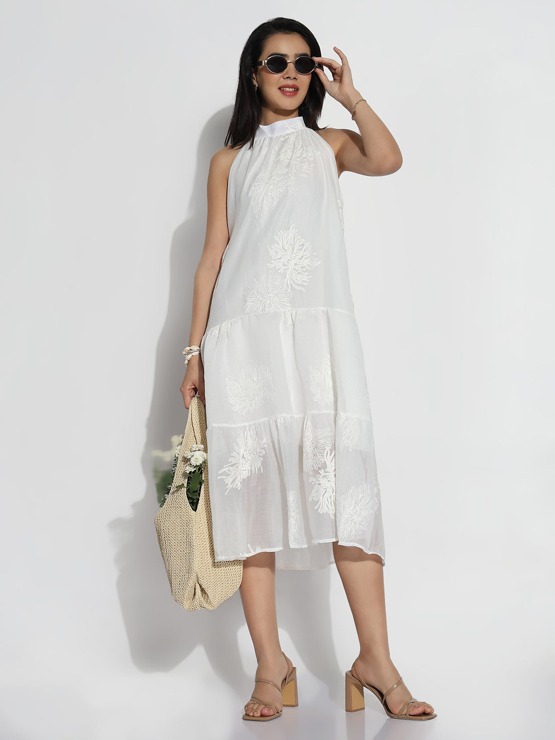 Women White Solid Halter Neck A-Line Dress