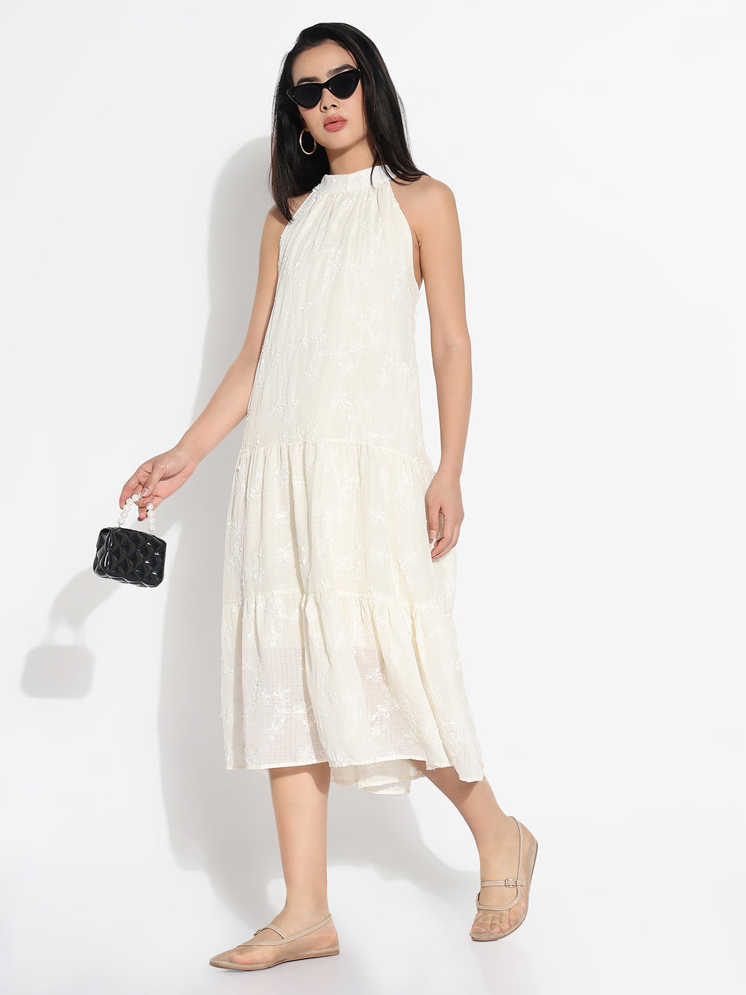 Women Cream Solid Halter Neck A-Line Dress