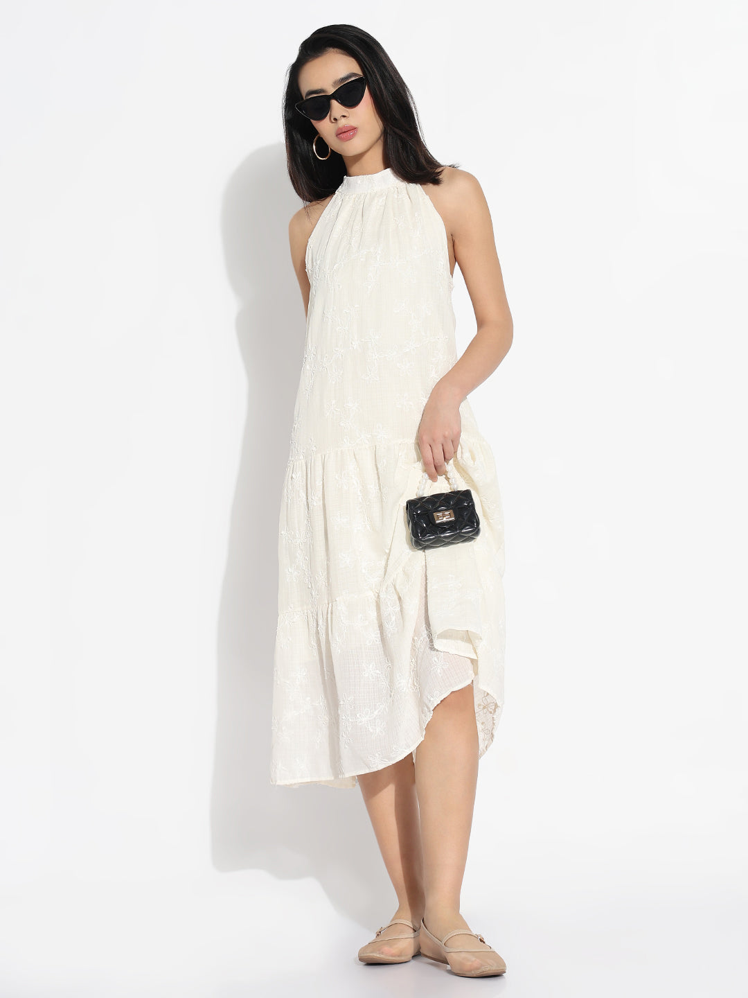 Women Cream Solid Halter Neck A-Line Dress