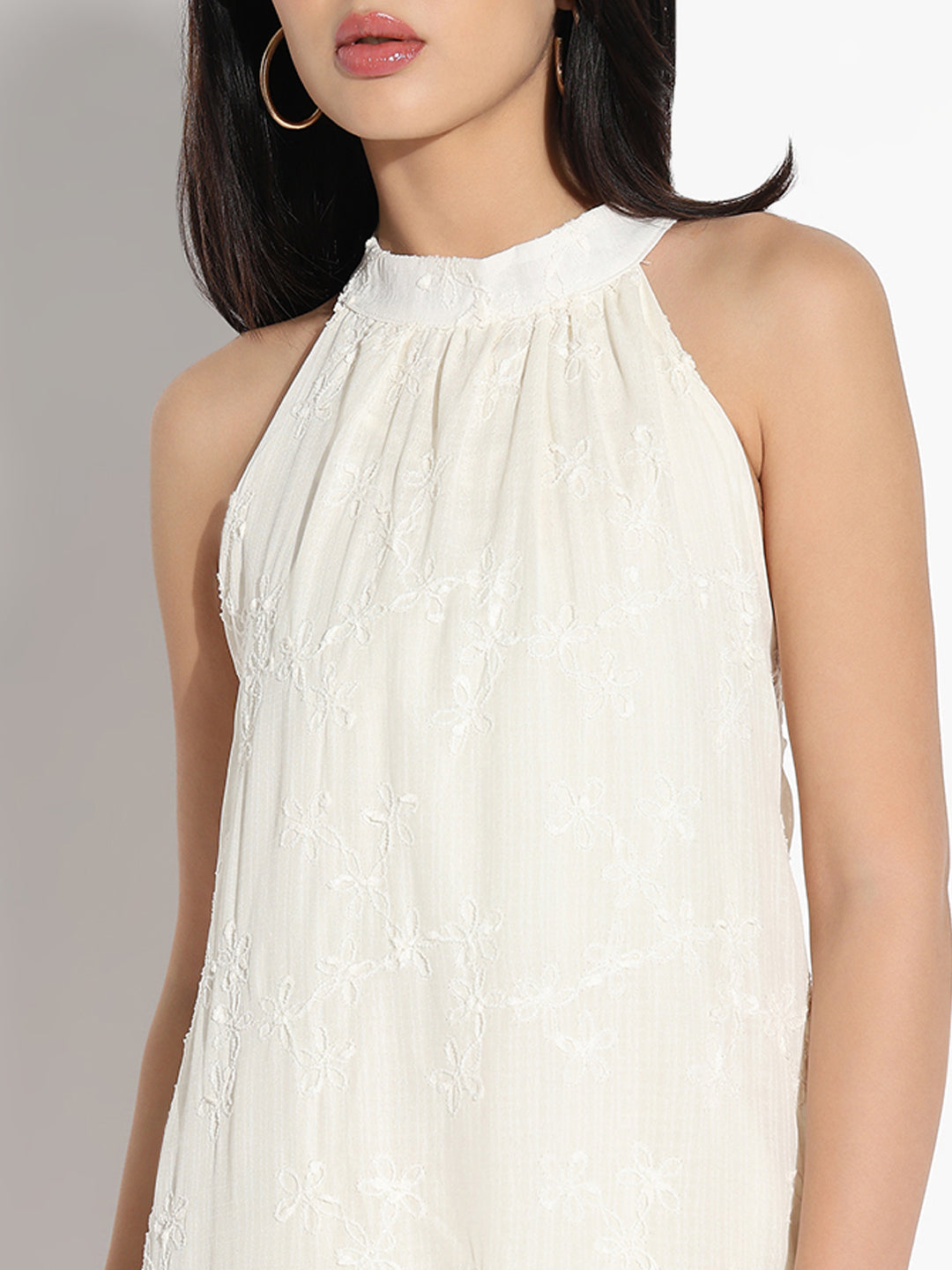 Women Cream Solid Halter Neck A-Line Dress