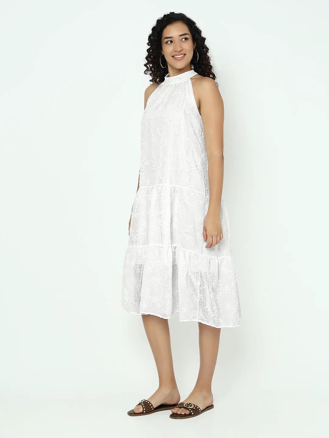 Women's White Halter Neck A-Line Midi Sleeveless Dress - from SHOWOFFFF