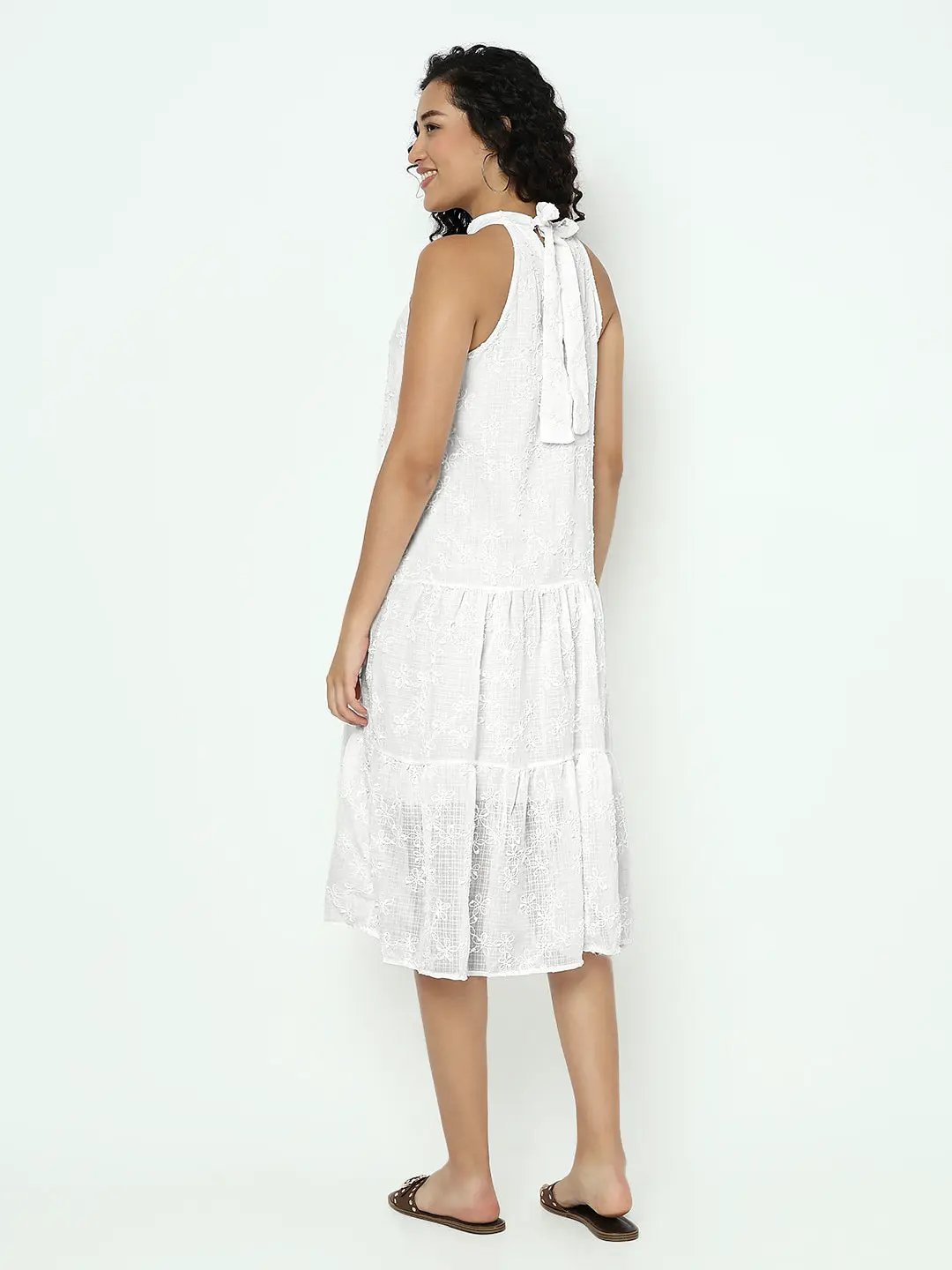 Women's White Halter Neck A-Line Midi Sleeveless Dress - from SHOWOFFFF