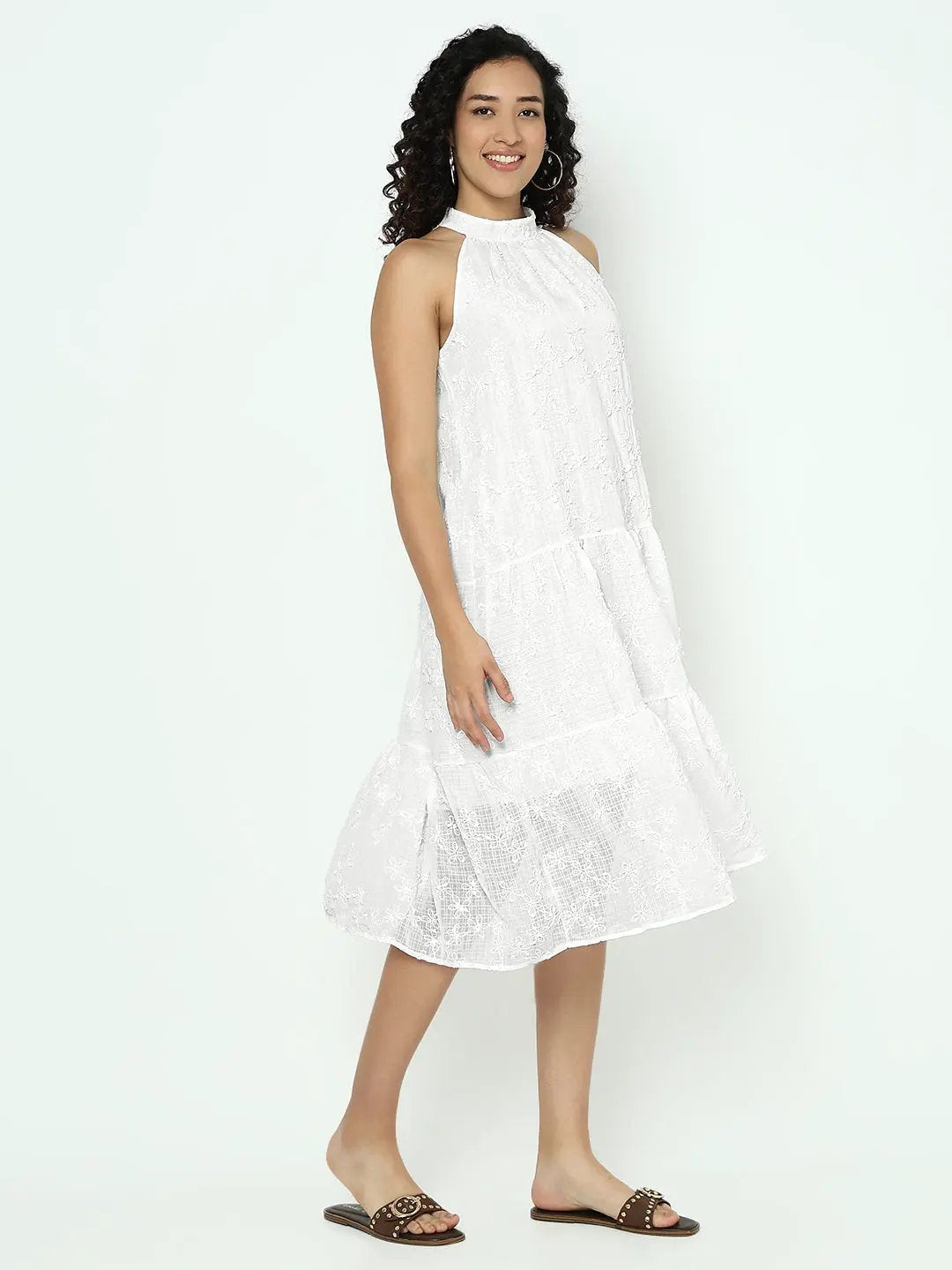 Women's White Halter Neck A-Line Midi Sleeveless Dress - from SHOWOFFFF