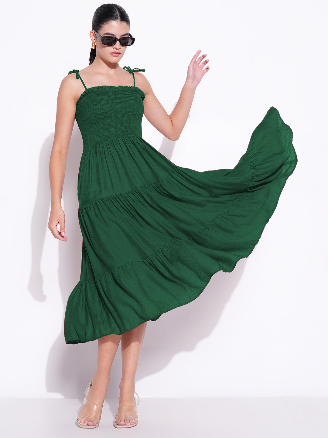 Women Green Solid Fit and Flare Dress