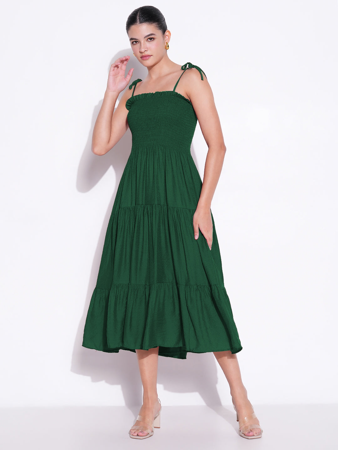 Women Green Solid Fit and Flare Dress