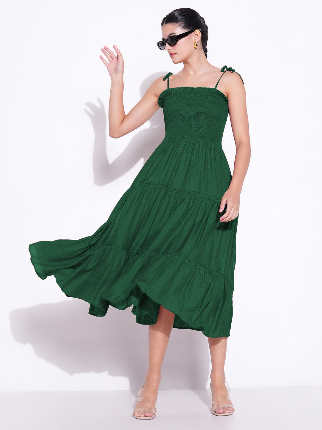 Women Green Solid Fit and Flare Dress