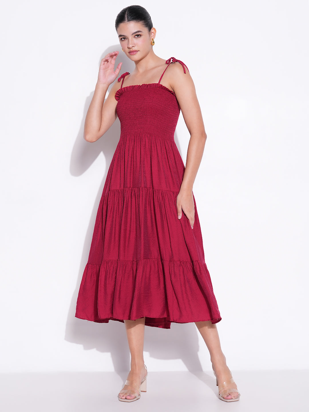 Women Solid Red Fit and Flare Dress