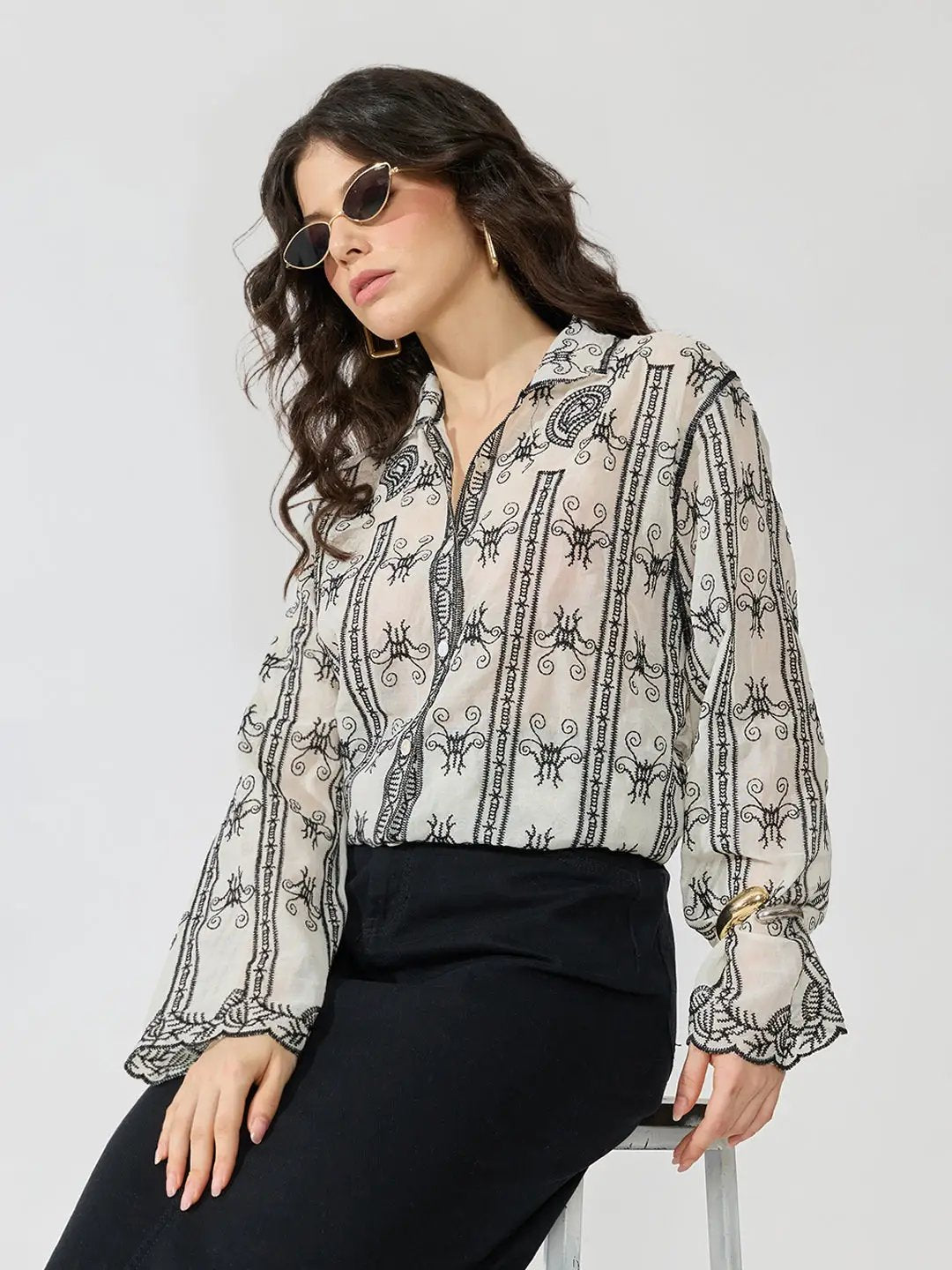 Women's Black Embroidered Long Sleeve Shirt
