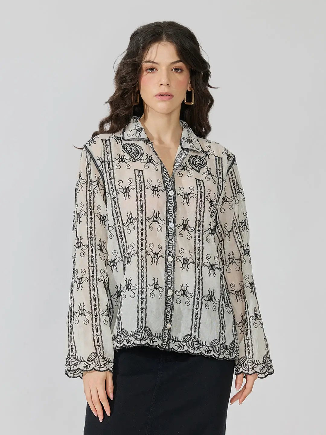 Women's Black Embroidered Long Sleeve Shirt