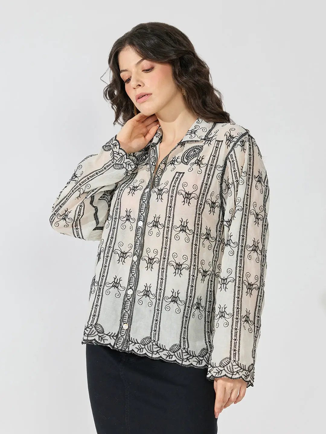 Women's Black Embroidered Long Sleeve Shirt