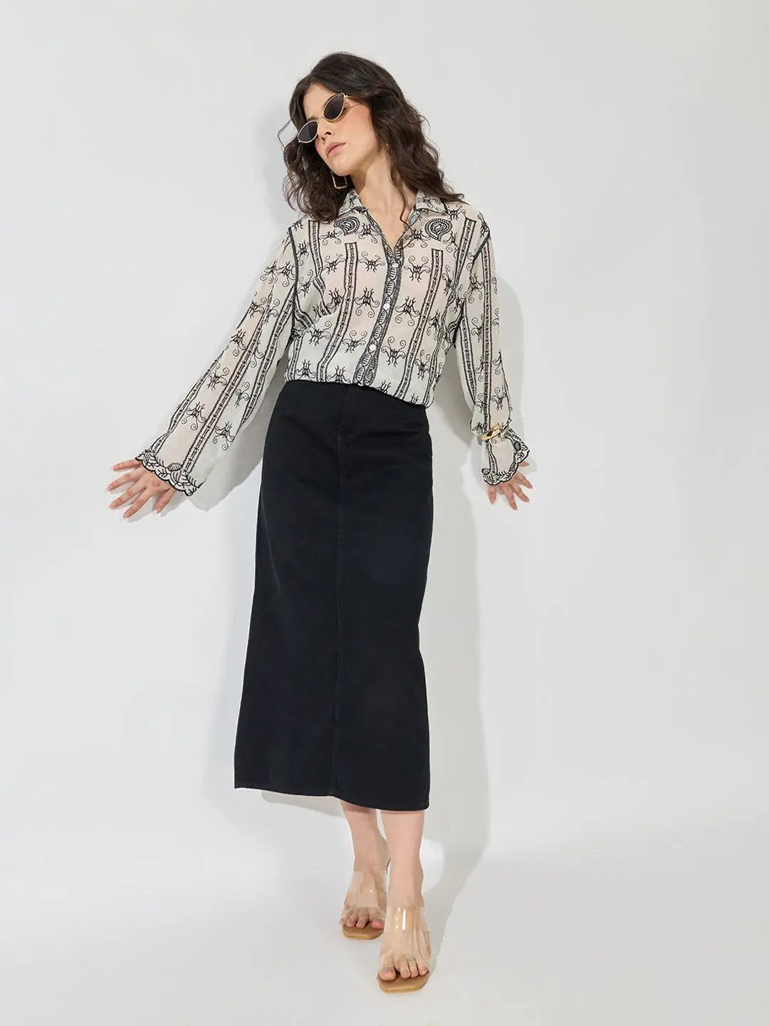 Women's Black Embroidered Long Sleeve Shirt