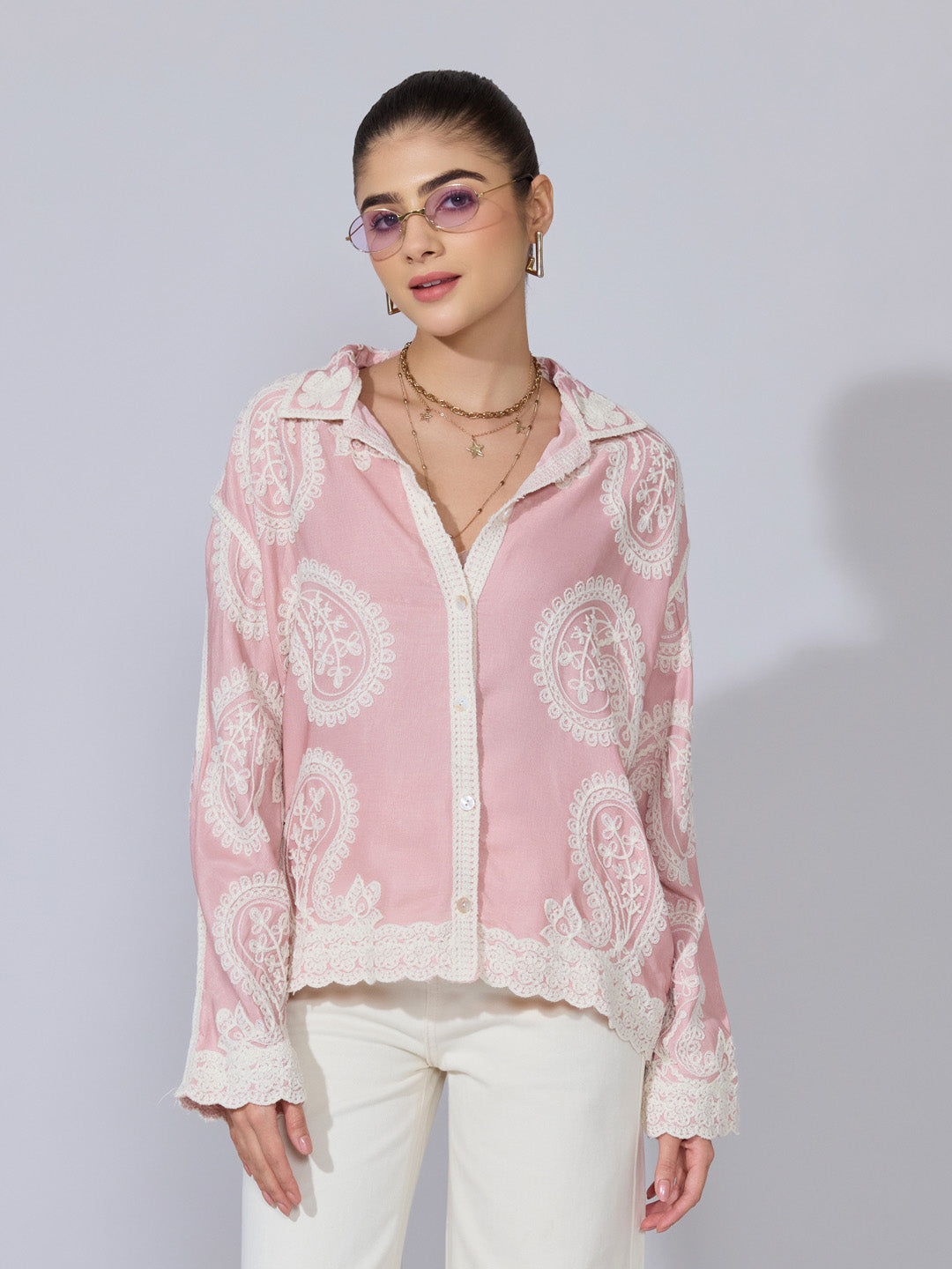 Women's Embroidered Pink Shirt with Lace Trim
