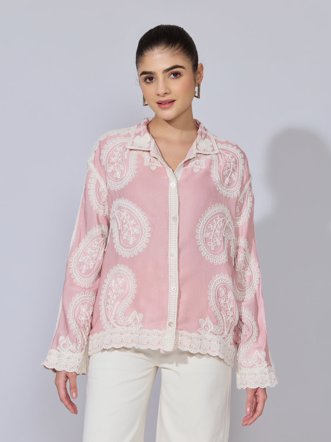 Women's Embroidered Pink Shirt with Lace Trim