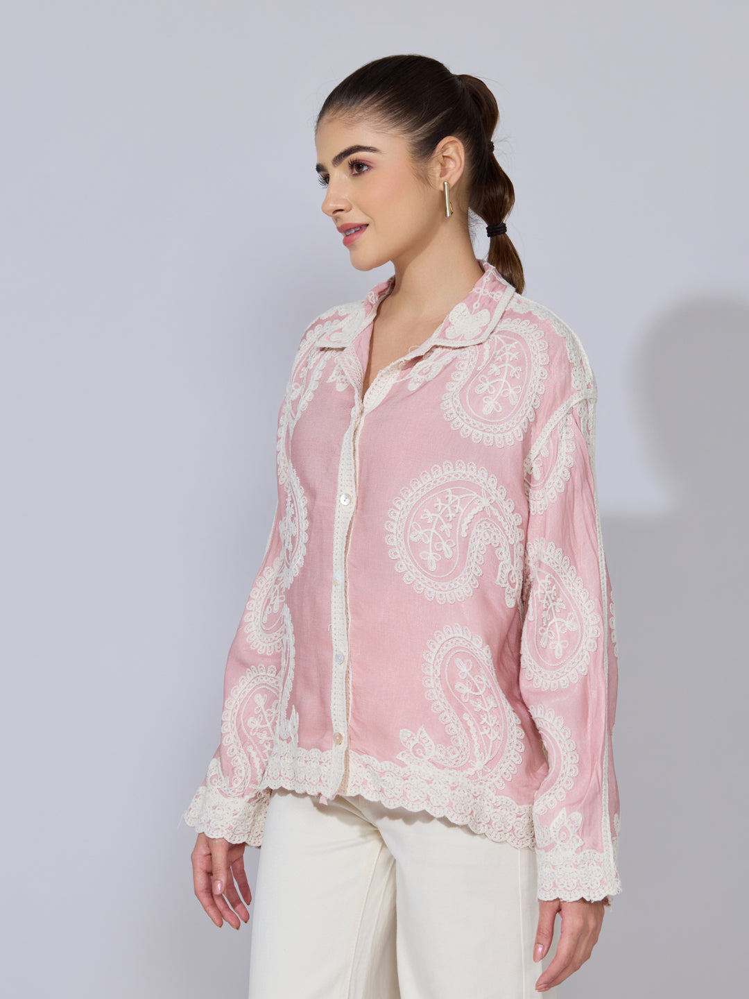 Women's Embroidered Pink Shirt with Lace Trim
