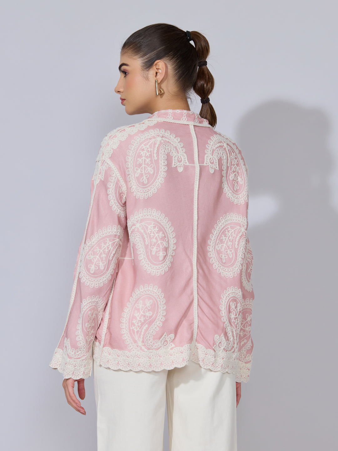 Women's Embroidered Pink Shirt with Lace Trim