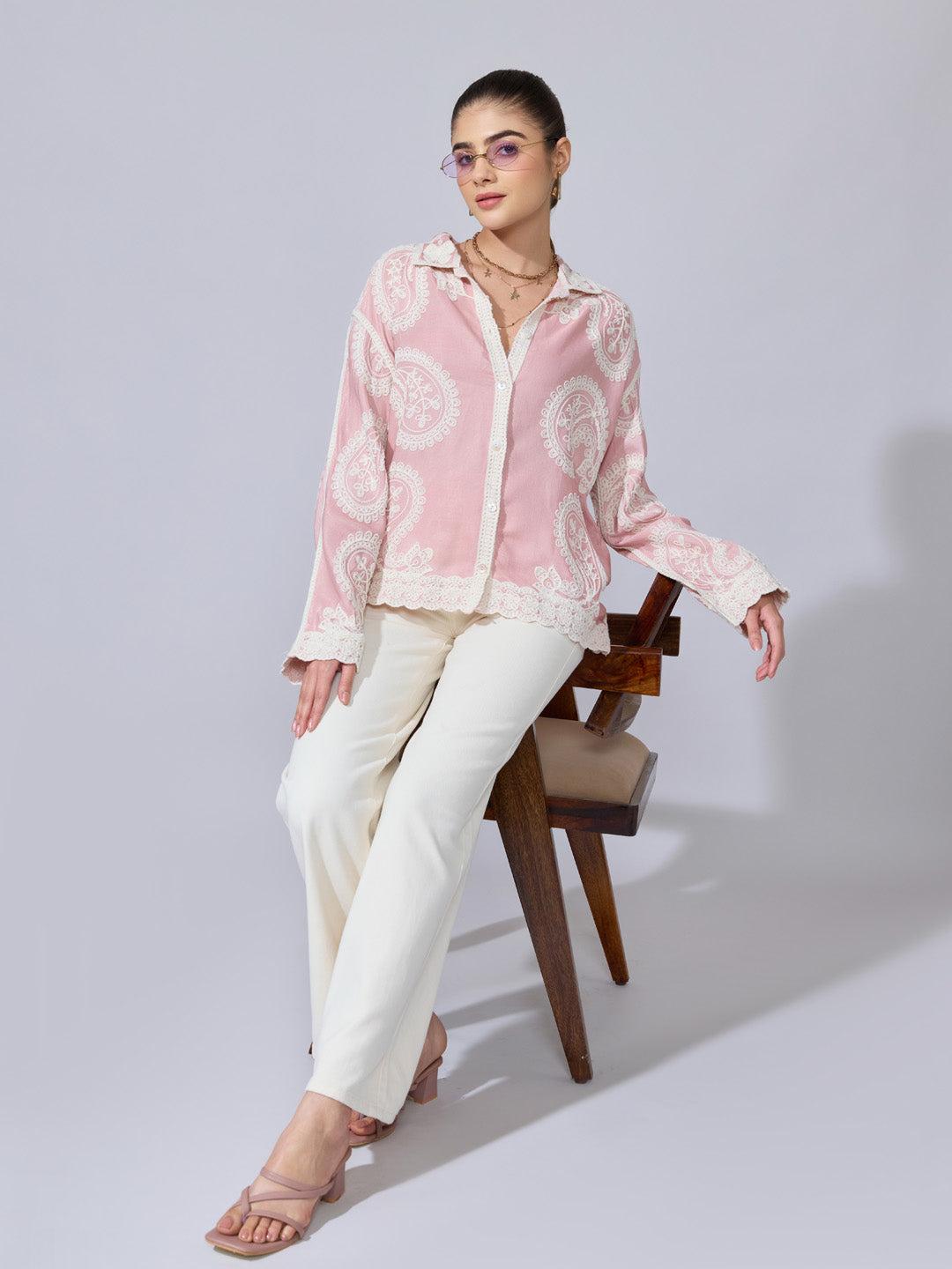 Women's Embroidered Pink Shirt with Lace Trim