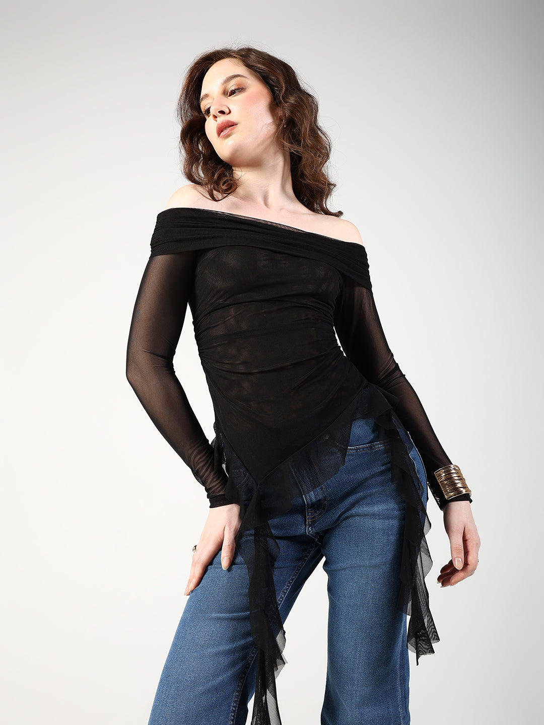 Women's Black Off Shoulder Mesh Top with Flowy Hem