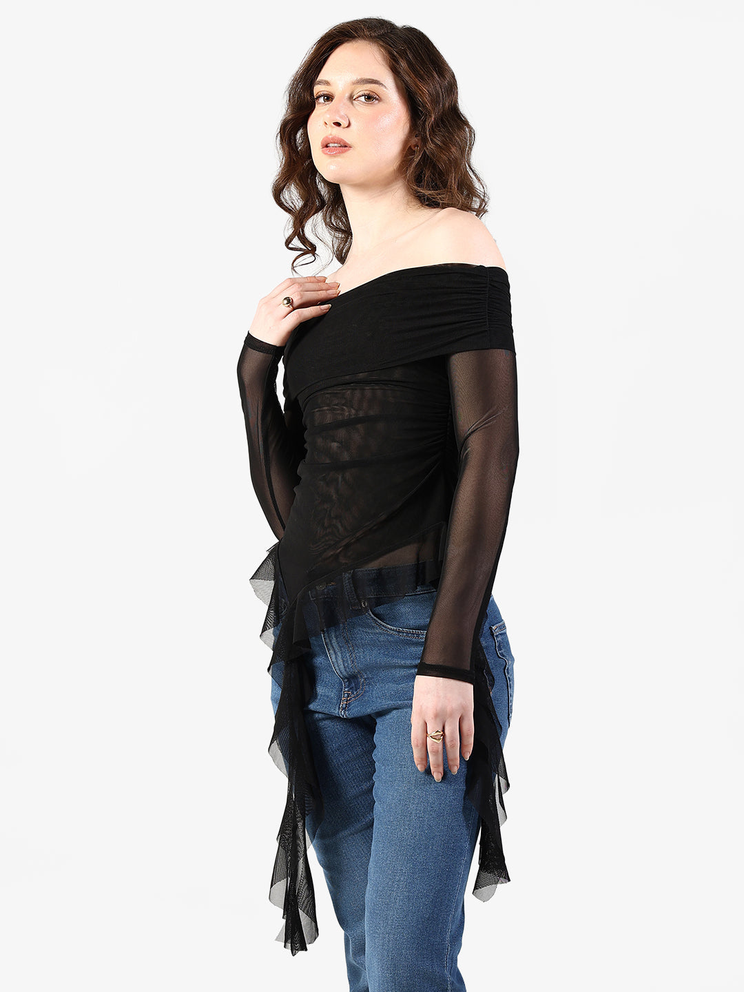 Women's Black Off Shoulder Mesh Top with Flowy Hem