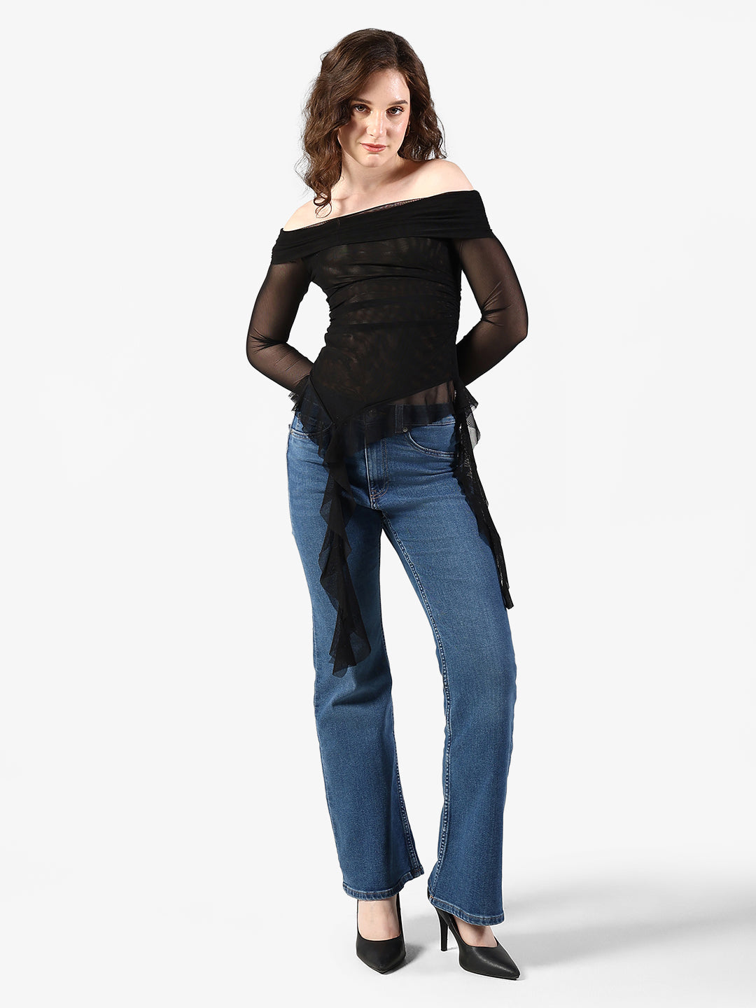 Women's Black Off Shoulder Mesh Top with Flowy Hem