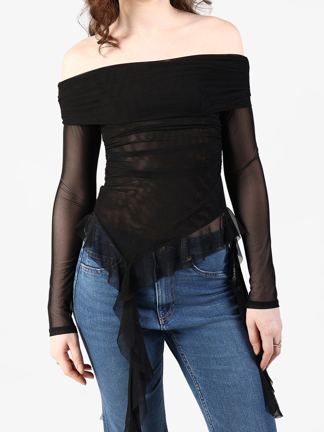 Women's Black Off Shoulder Mesh Top with Flowy Hem