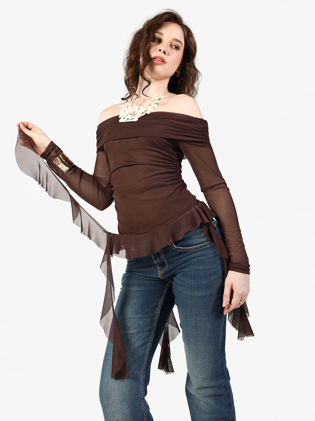 Women's Brown Off Shoulder Mesh Top with Flowy Hem