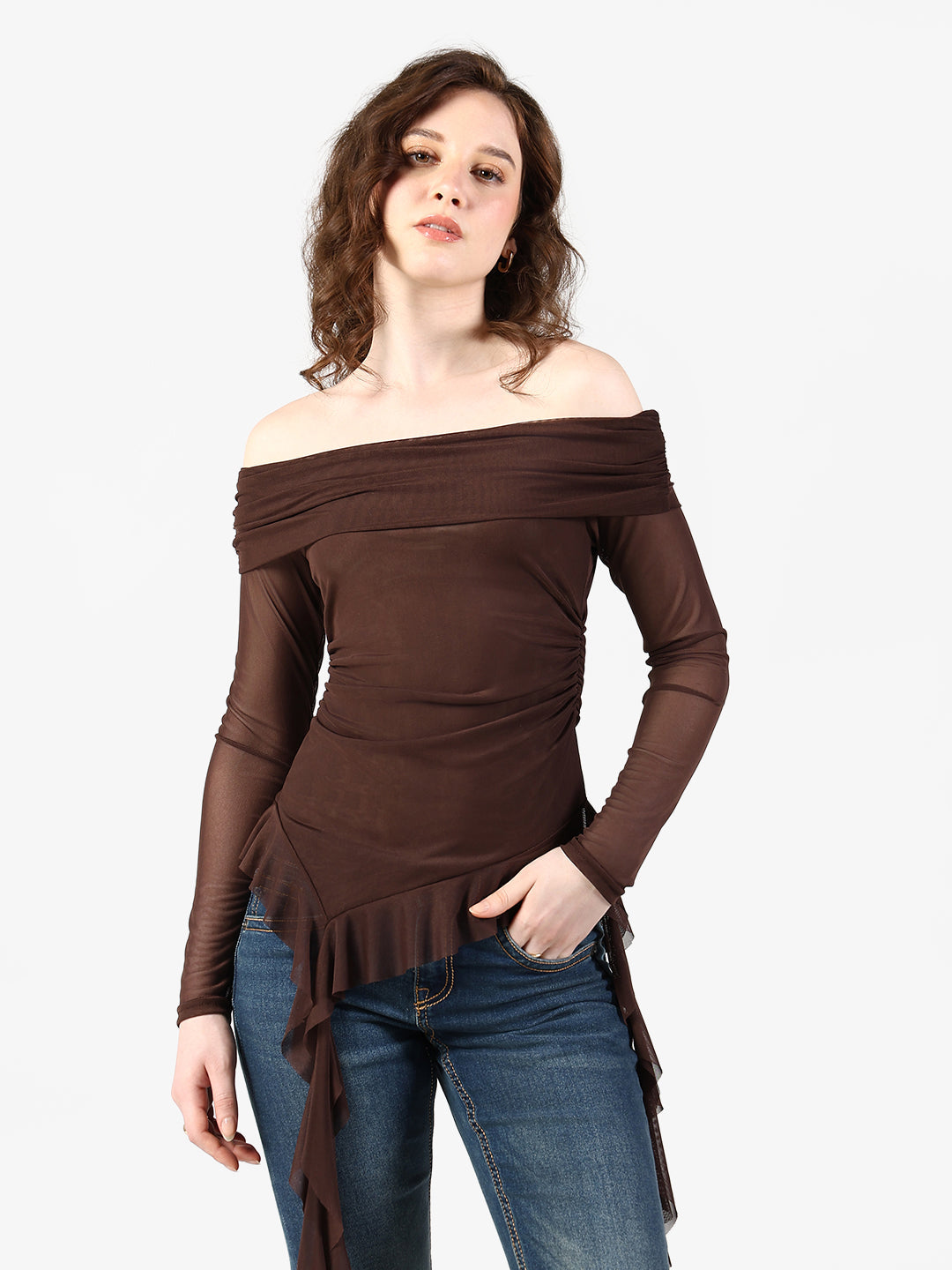 Women's Brown Off Shoulder Mesh Top with Flowy Hem