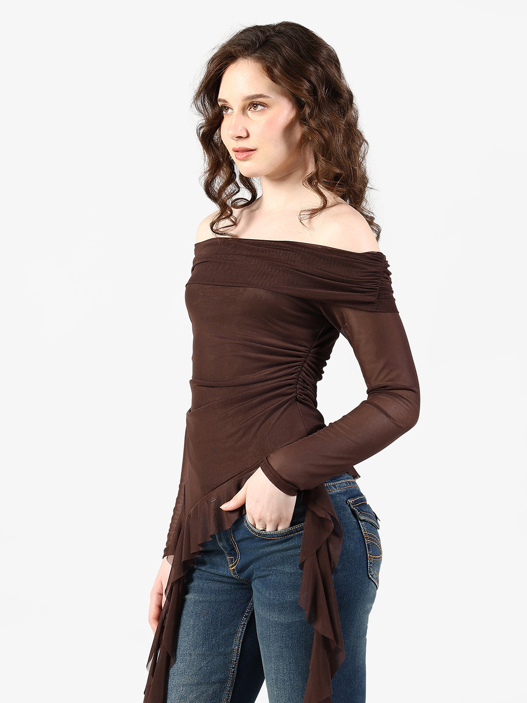 Women's Brown Off Shoulder Mesh Top with Flowy Hem