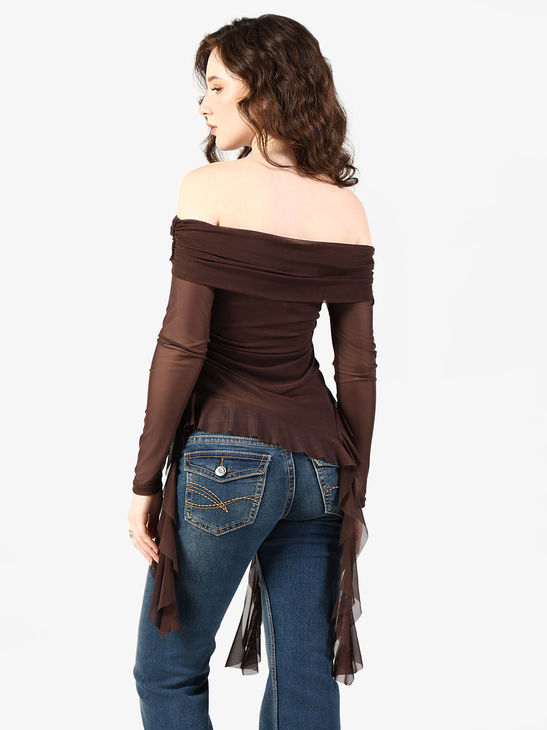Women's Brown Off Shoulder Mesh Top with Flowy Hem