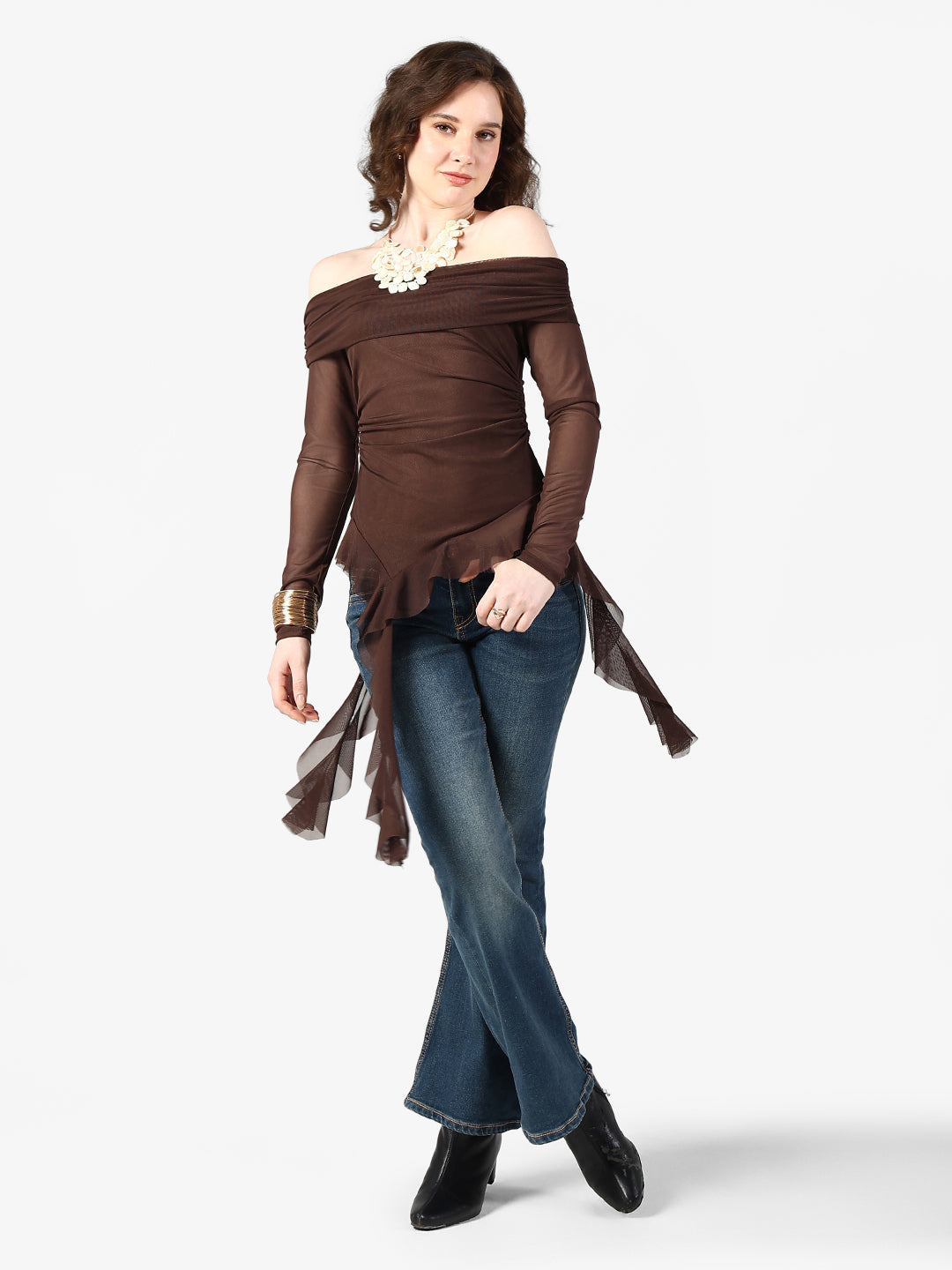 Women's Brown Off Shoulder Mesh Top with Flowy Hem