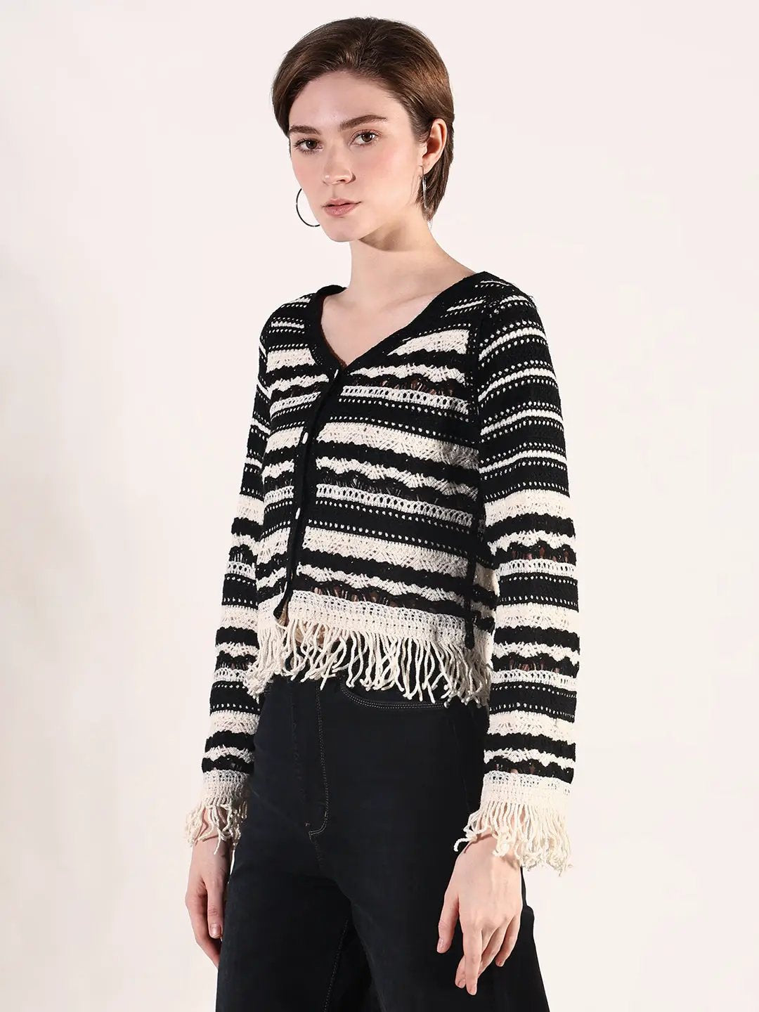 Women's Striped Black Crochet Button Down Top with Fringe Hem
