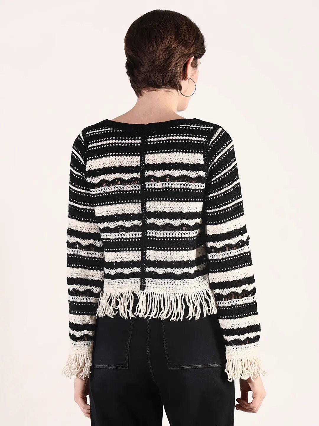 Women's Striped Black Crochet Button Down Top with Fringe Hem