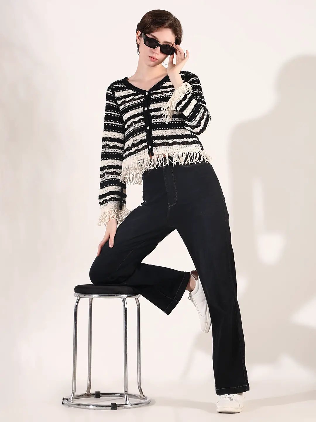 Women's Striped Black Crochet Button Down Top with Fringe Hem