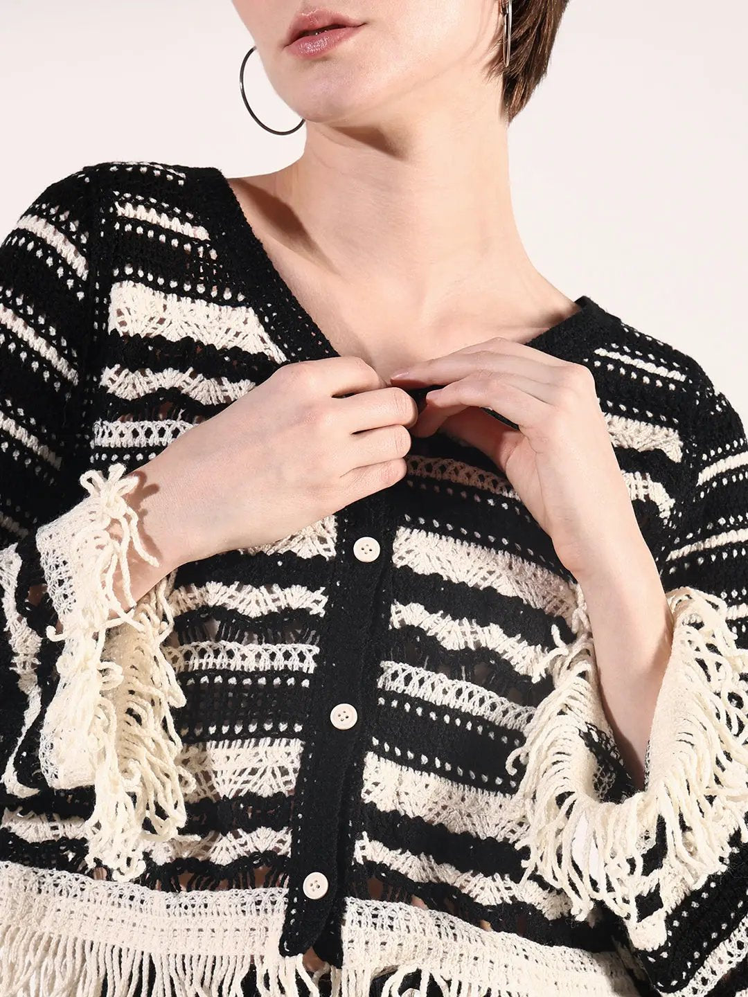 Women's Striped Black Crochet Button Down Top with Fringe Hem