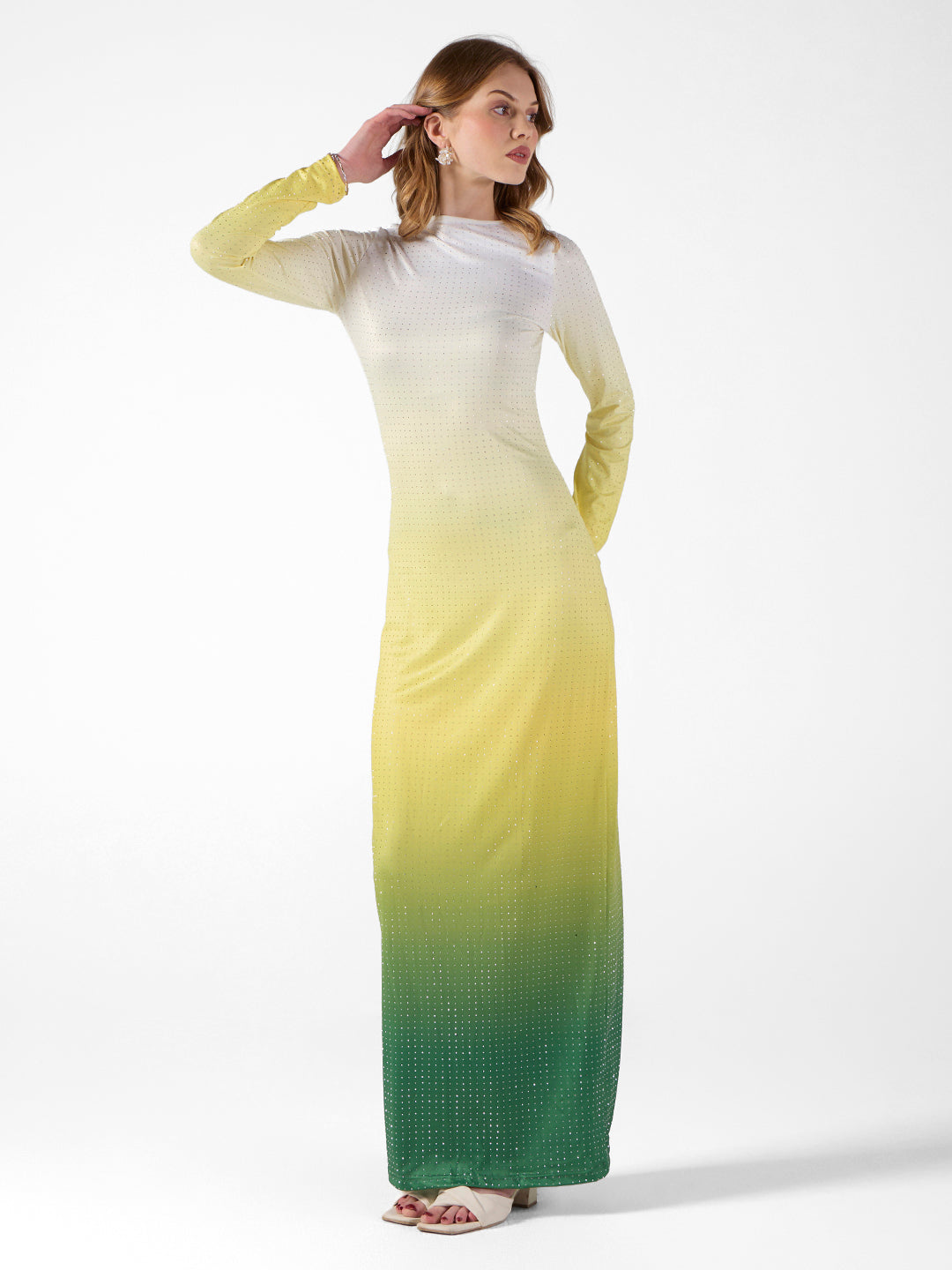 Women's Ombre Yellow Sequin Long Sleeve Maxi Dress