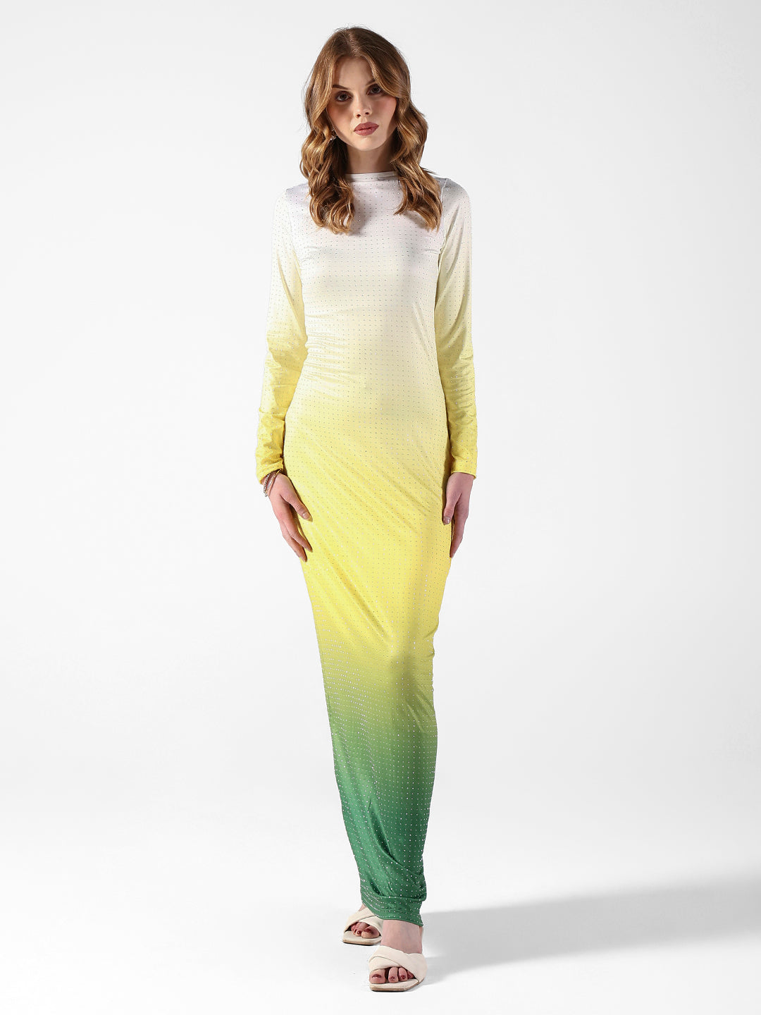 Women's Ombre Yellow Sequin Long Sleeve Maxi Dress
