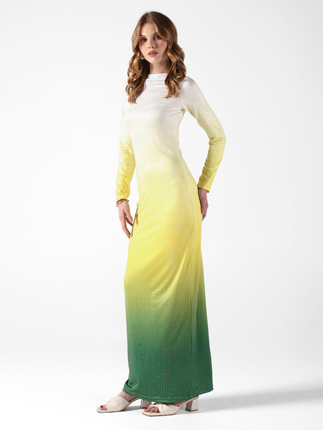 Women's Ombre Yellow Sequin Long Sleeve Maxi Dress