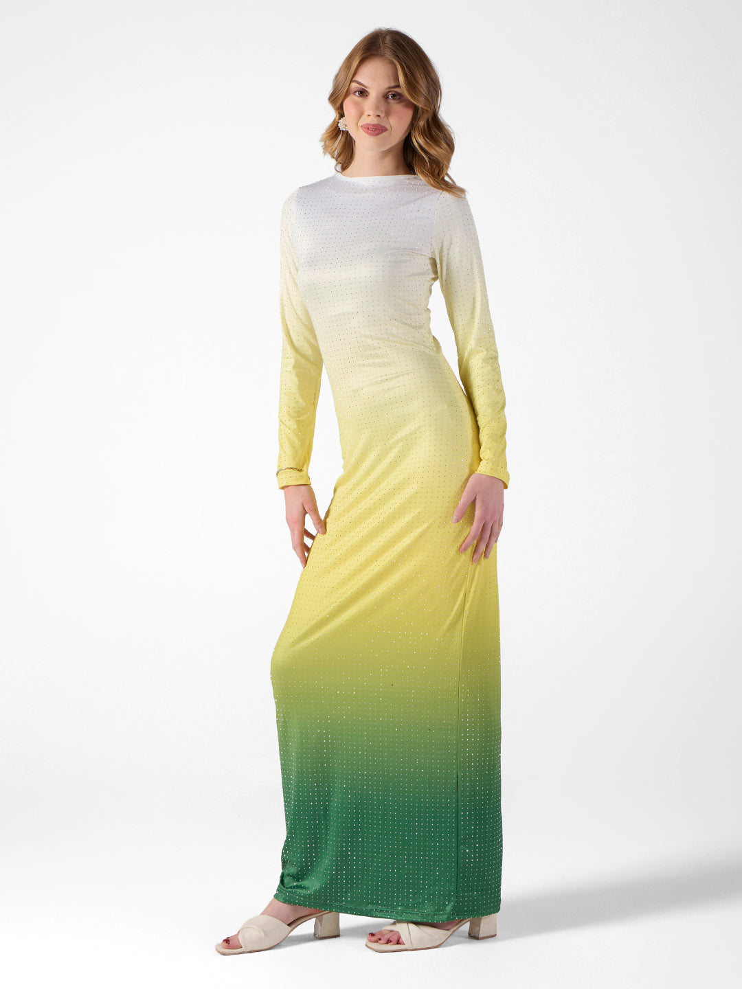 Women's Ombre Yellow Sequin Long Sleeve Maxi Dress