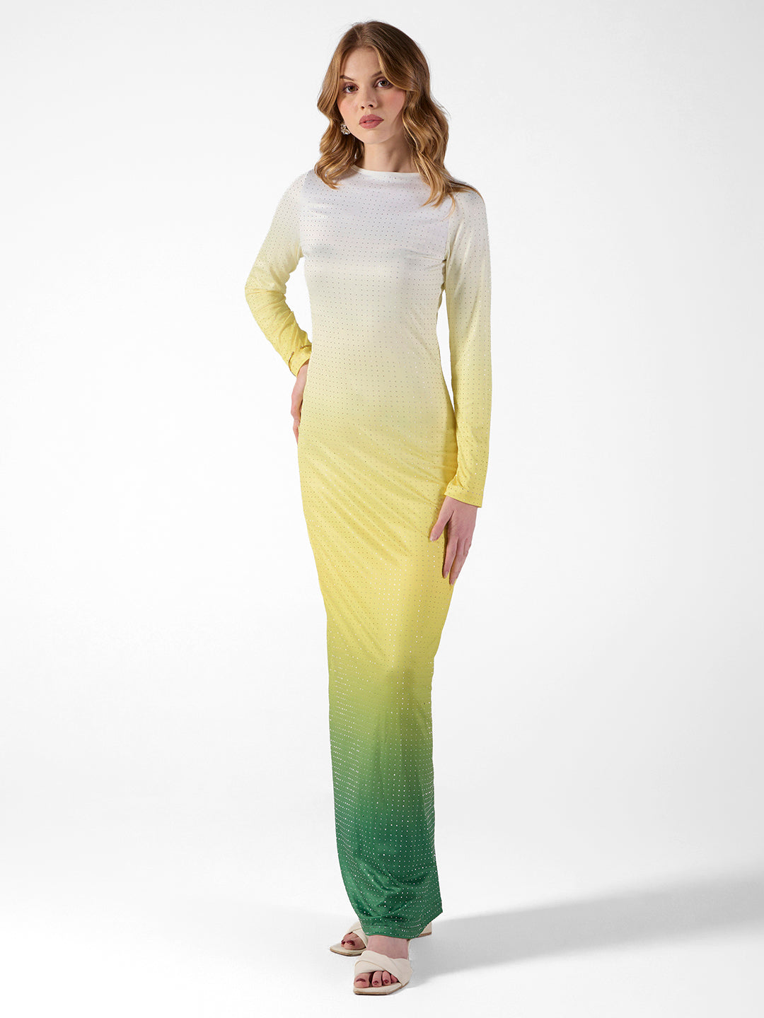 Women's Ombre Yellow Sequin Long Sleeve Maxi Dress