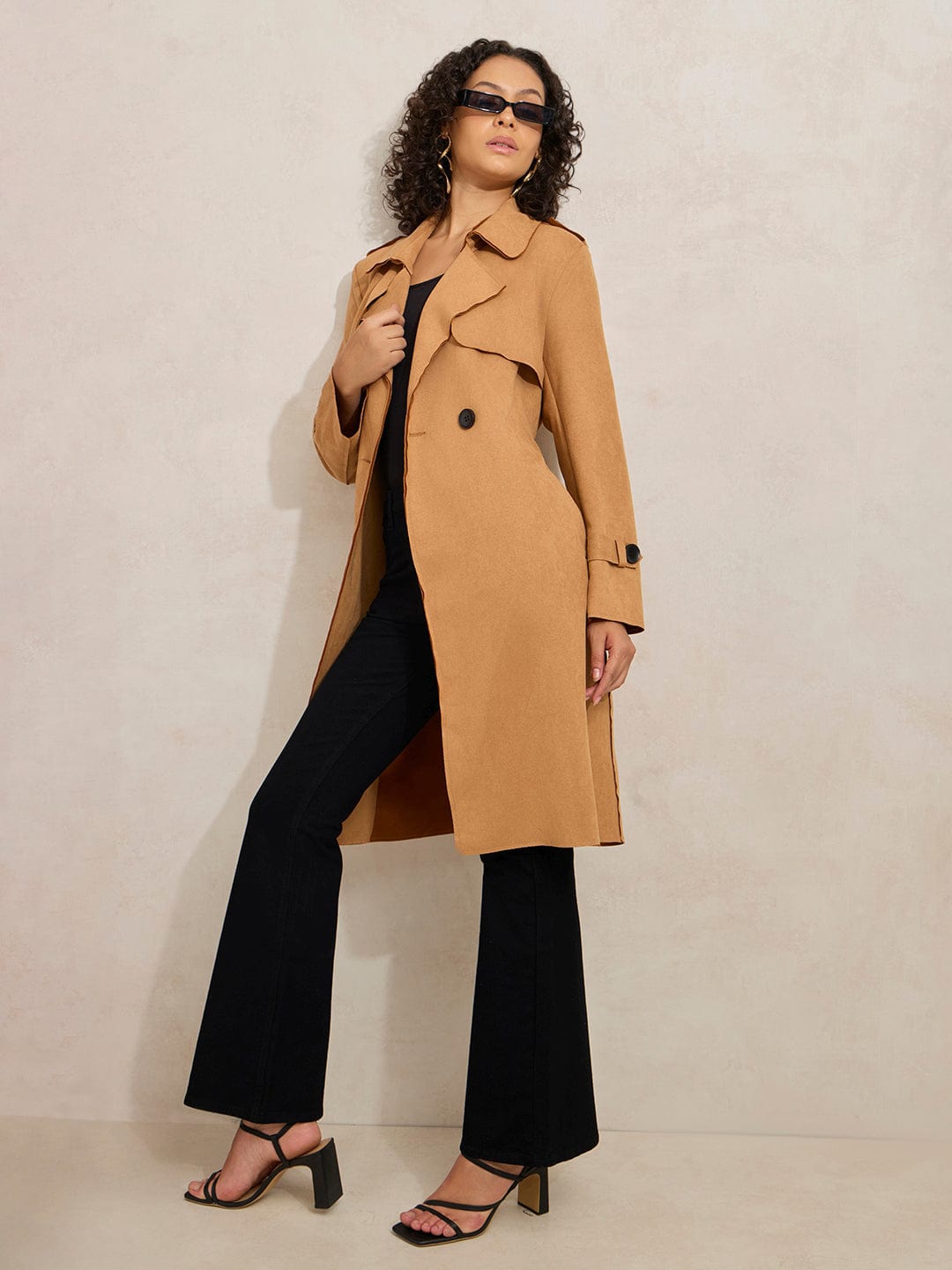 Women's Brown Double Breasted Trench Coat With Flap Detail