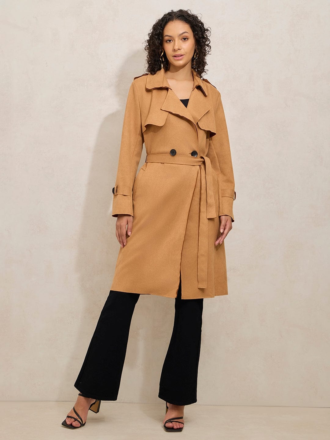 Women's Brown Double Breasted Trench Coat With Flap Detail