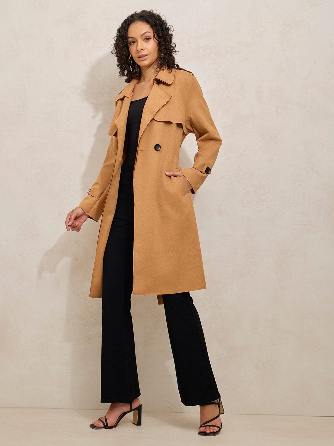 Women's Brown Double Breasted Trench Coat With Flap Detail