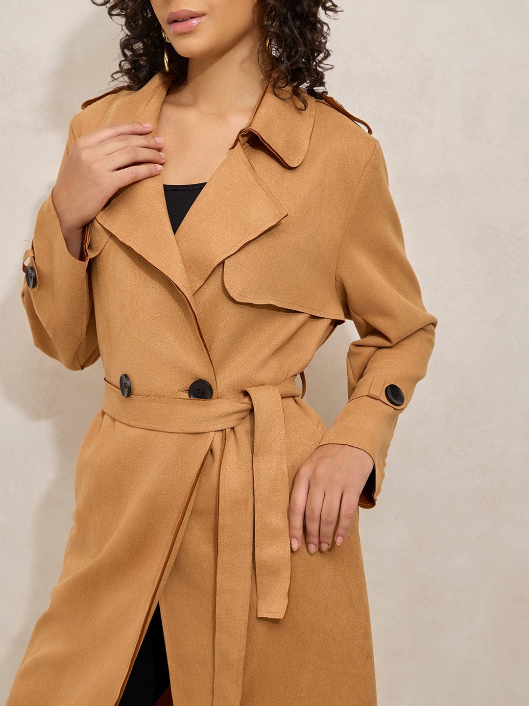 Women's Brown Double Breasted Trench Coat With Flap Detail